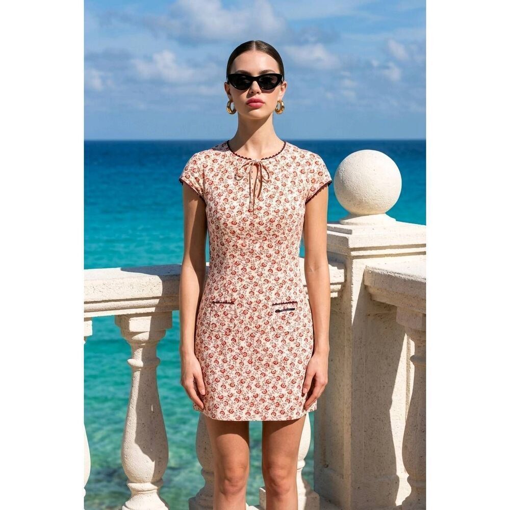 🔹️Vintage Tommy Girl Cream & Red Floral Print Cap Sleeve Dress XSmall